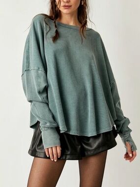 Free People We The Free Microphone Drop Thermal Top XS Blue Teal Slouchy Boho
